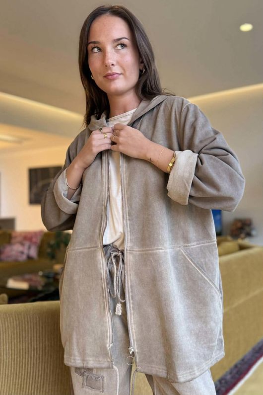 Anine Soft Touch Seam Pocket Hoodie Washed Mocha - 